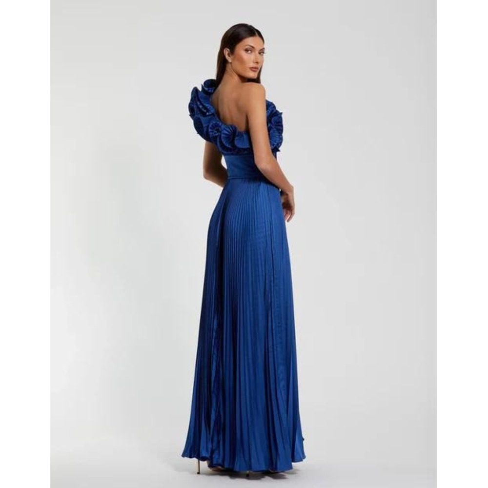 Mac Duggal Blue Pleated‎ Charmeuse One-Shoulder Ruffle Detail Evening Gown Sz 10 - Picture 7 of 11